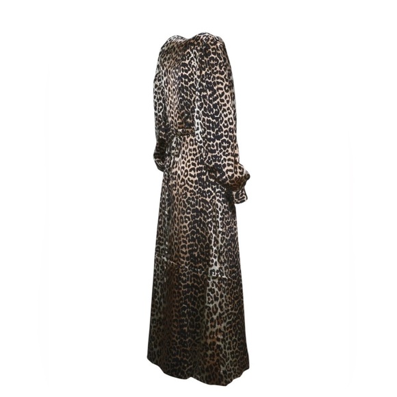 Ganni Women’s Leopard Printed Silk Wrap Dress Tan & Brown Size 36 Maxi - Picture 2 of 12